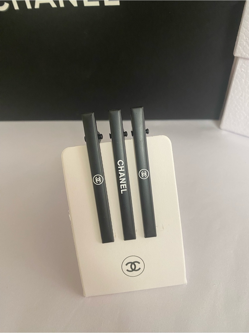 CHANEL Beaute’ Black and White Logo Barrettes - Set of 3